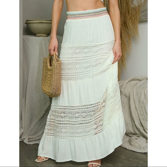 Gypsy Bohemian Crochet Lace White Maxi Skirt - Picture 2 of 6